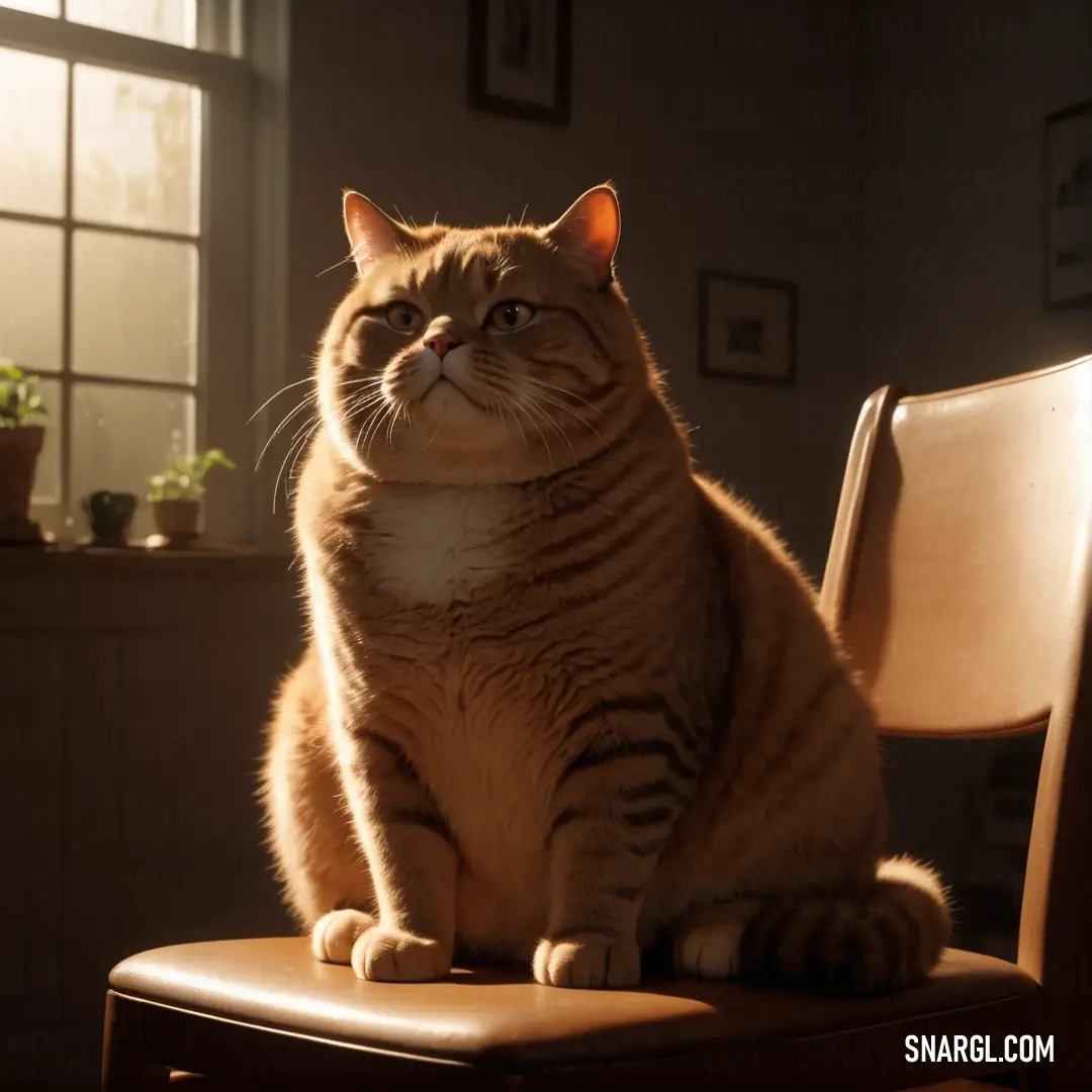 Raw Umber color. Cat on a chair in a room with a window and potted plants in the background