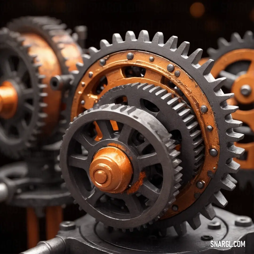 Raw Umber color. Close up of a group of gears on a table top with a black background