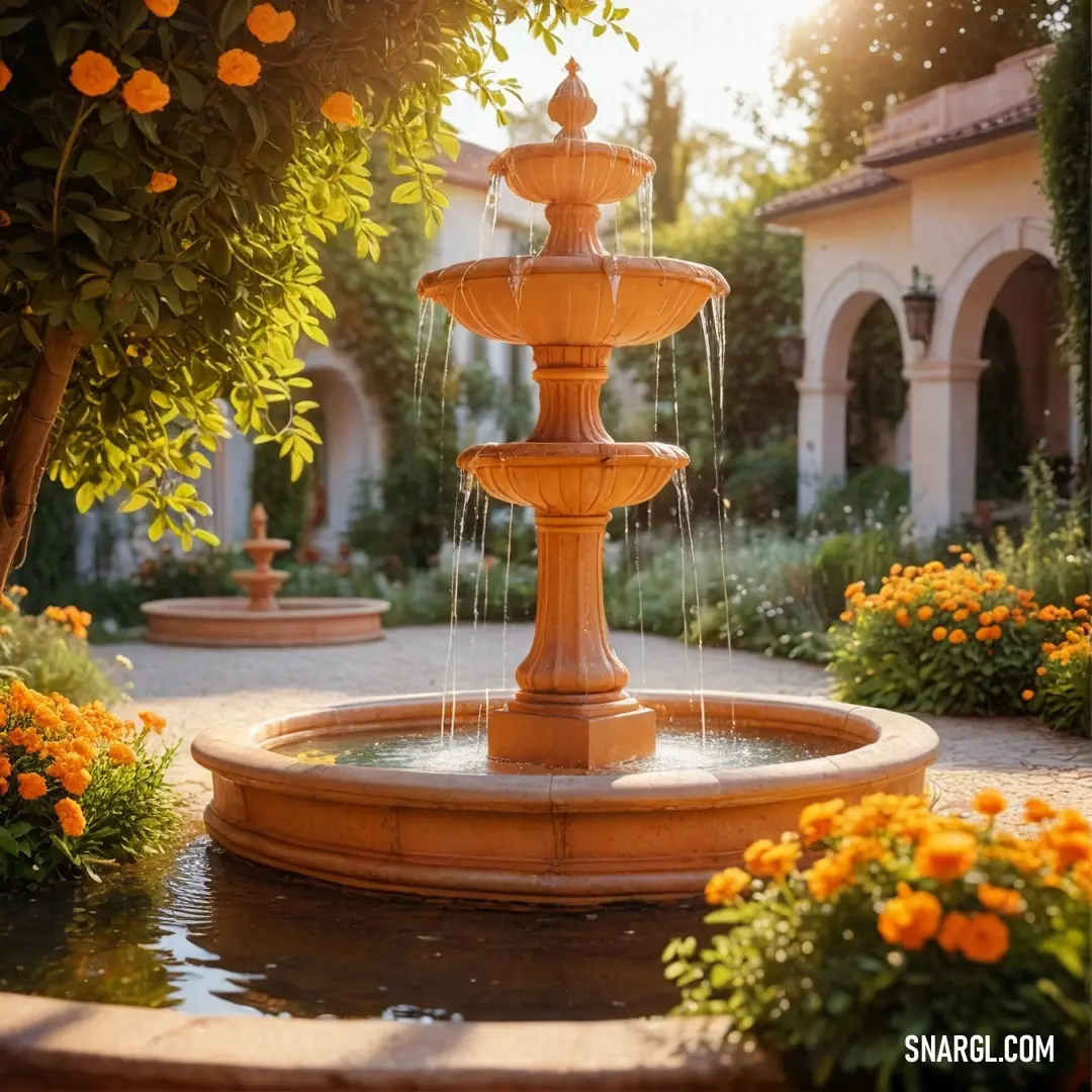 Fountain with orange flowers around it in a garden area with a house in the background. Example of #A75E09 color.