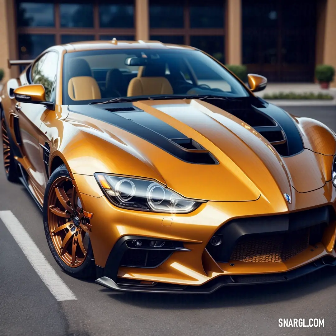 Gold sports car parked in front of a building with a black stripe on it's hood