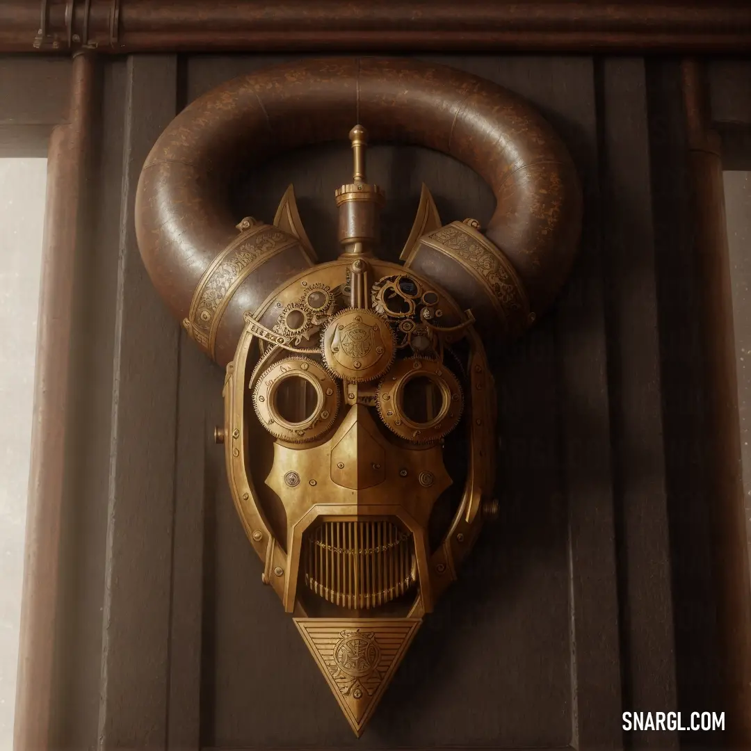 Mask mounted on a wall with a wooden handle and a wooden ring around it's neck
