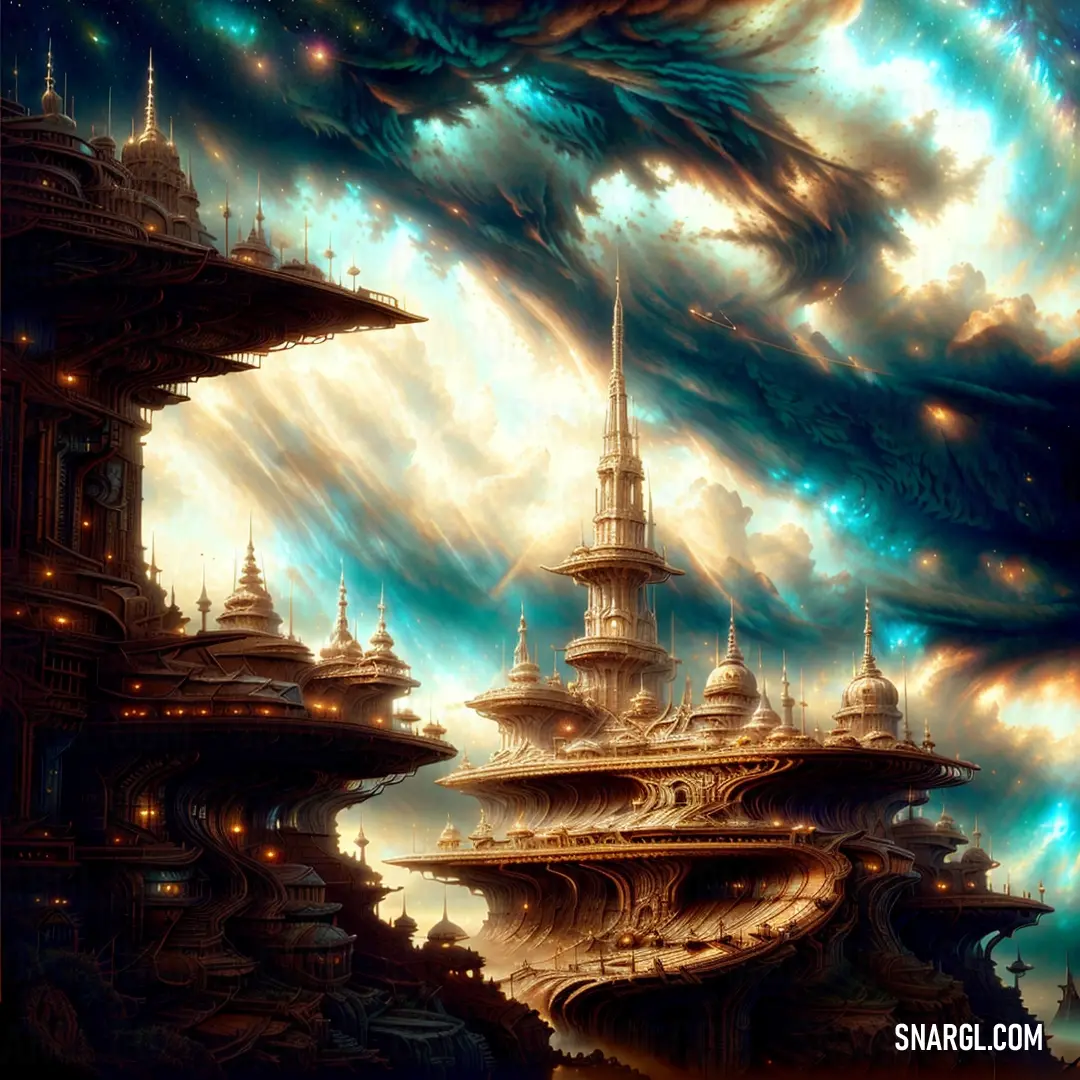 Painting of a city with a dragon flying over it and a sky full of clouds and stars above