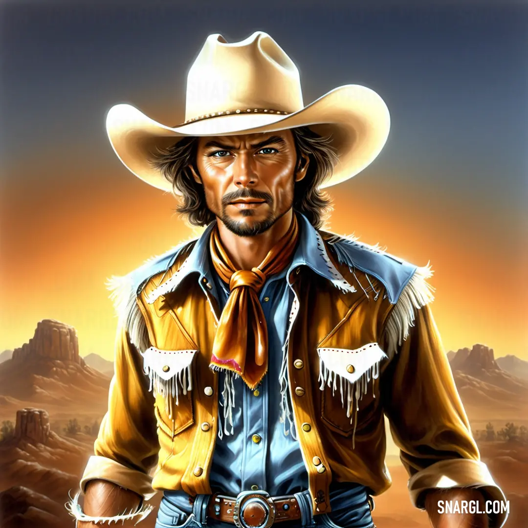 Painting of a man in a cowboy outfit with a western hat and a tie on his shirt and a desert background. Example of Raw Umber color.
