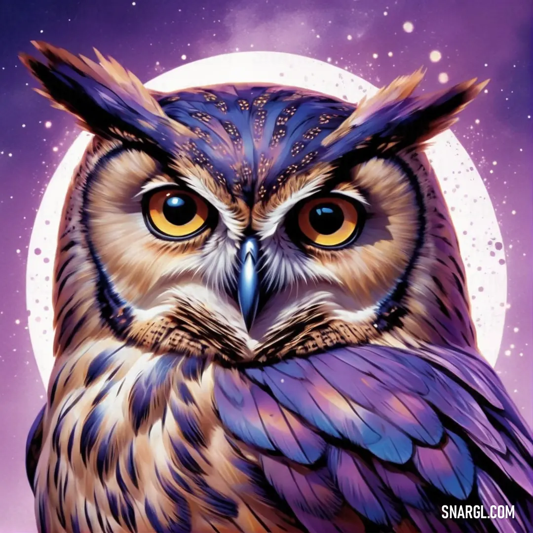Painting of an owl with a full moon in the background and stars in the sky behind it