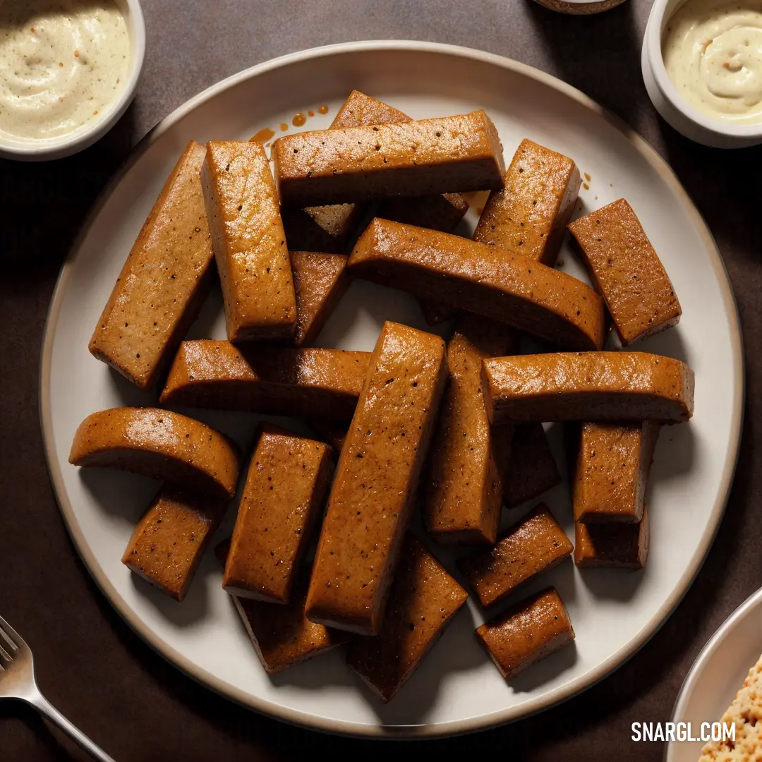 Raw Umber color example: Plate of food with some crackers on it and a bowl of dips and a fork on the side