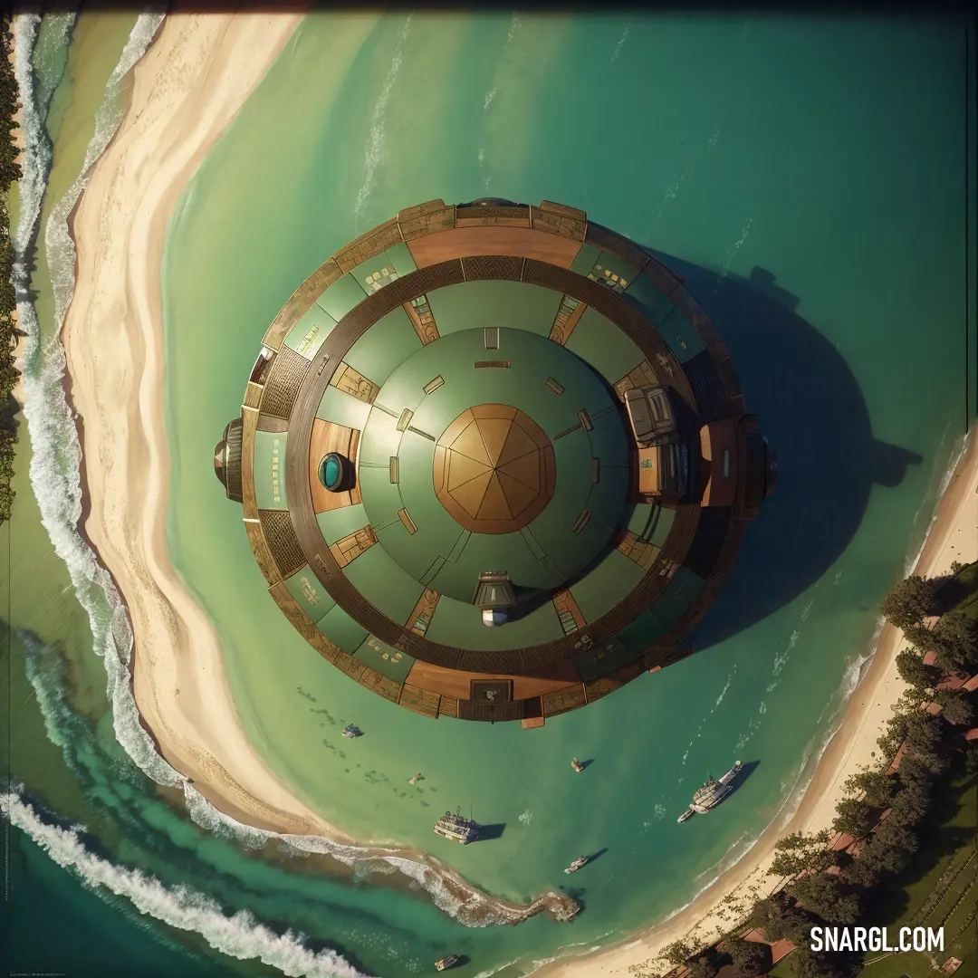 Round structure on a beach near the ocean with a boat in the water