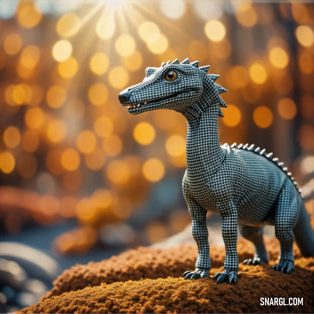 Toy dinosaur is standing on a rock with a blurry background