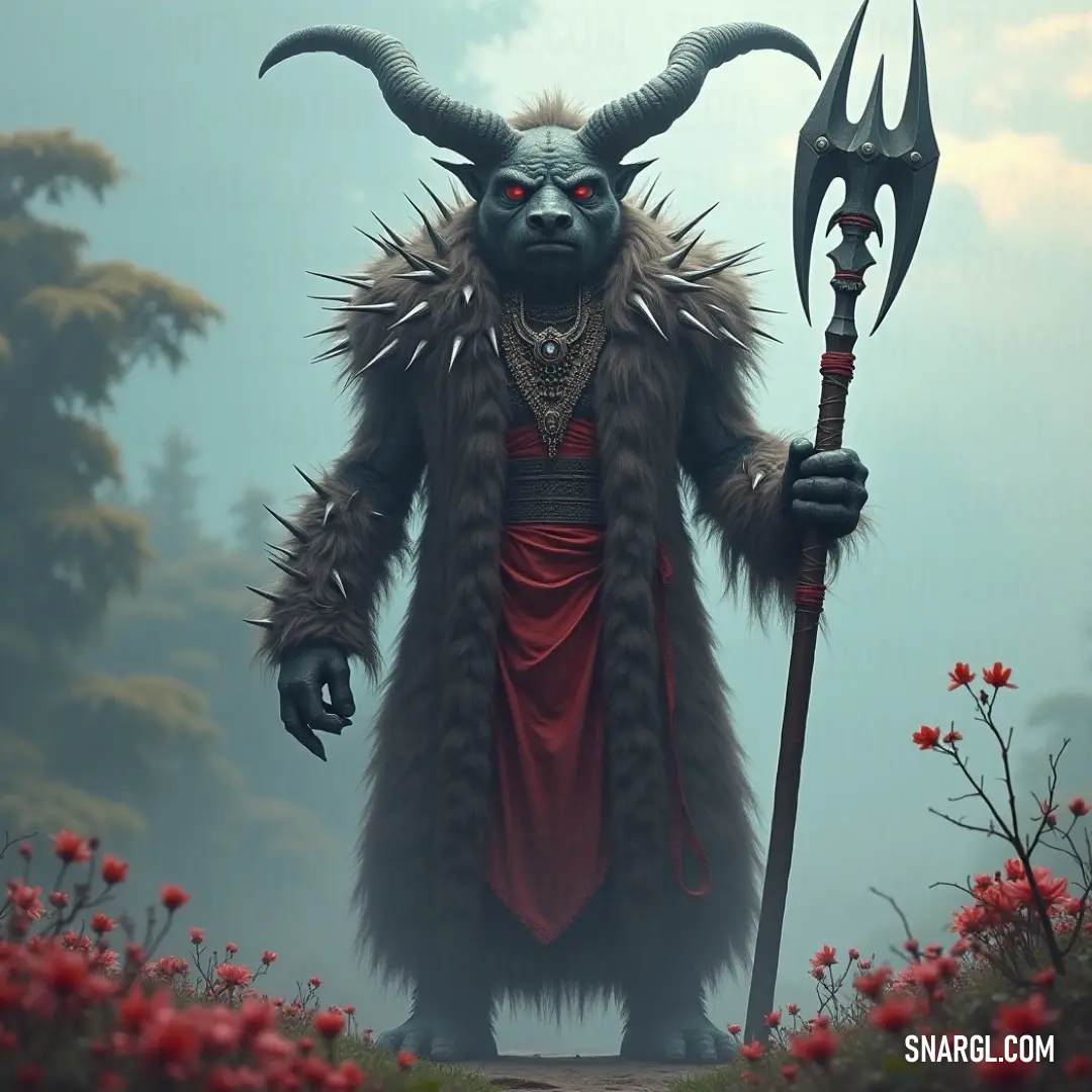 An imaginative scene featuring Rawhead with a horned head and staff standing proudly in a beautifully flowered landscape. In a vibrant field of flowers, Rawhead, a striking figure adorned with a horned head and a long staff, emerges against a picturesque backdrop. This captivating scene invites speculation about the ancient legends and narratives shaped by such otherworldly