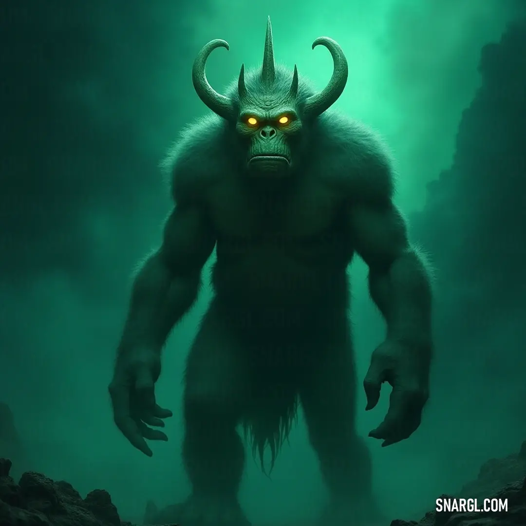 In a shadowy forest, Rax, fierce and enigmatic with glowing eyes, stands amidst ancient, rugged rocks. The dim light enhances its majestic presence, wild and fierce, creating an aura of mystery as the forest whispers secrets around him.