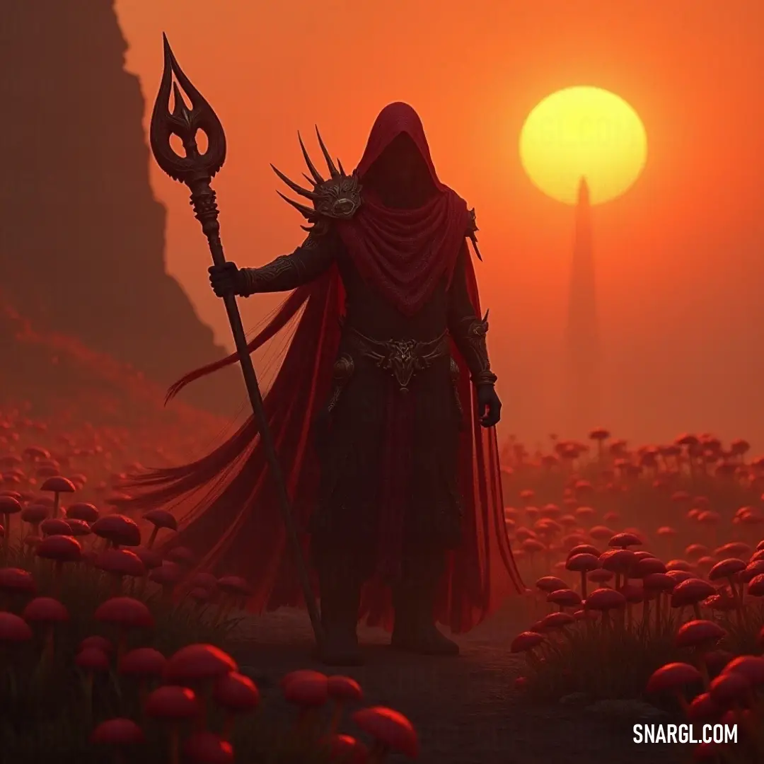 A striking figure clothed in a flowing red cloak stands poised in a magical field of radiant mushrooms, gripping a sceptacle and staff, embodying an air of power and mystery amidst nature's vibrant spectacle. Draped in a vibrant red cloak, a formidable figure stands in a whimsical field of colorful mushrooms, holding a sceptacle and staff. The enchanting flora surrounds him, pulsating with life and wonder as he gazes over the fantastical landscape.