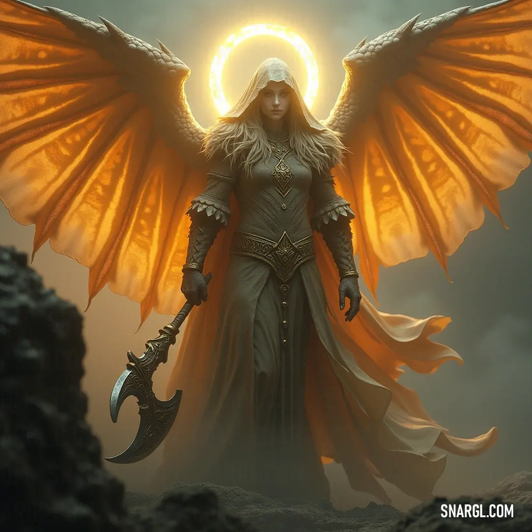 Raziel, the Keeper of Secrets, wields her sword amidst the beauty of the field, surrounded by an aura of divine mystery and light. Raziel, the angel of mysteries, stands gracefully in a vibrant field. With striking wings unfurled and a sword held with elegance, a divine halo illuminates her face, capturing an aura of wisdom and strength in an enchanting setting.