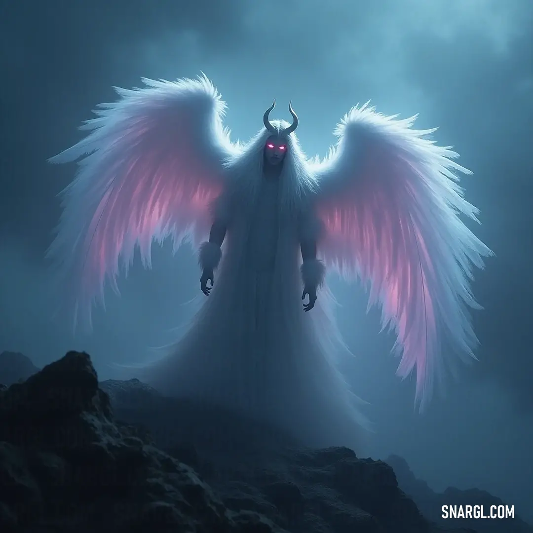 An imposing figure of Demonic Raziel looms on a hill, with her intense pink eyes and colossal wings dominating the gloomy landscape. The foggy sky creates an ominous backdrop, enhancing her powerful presence in the dark.