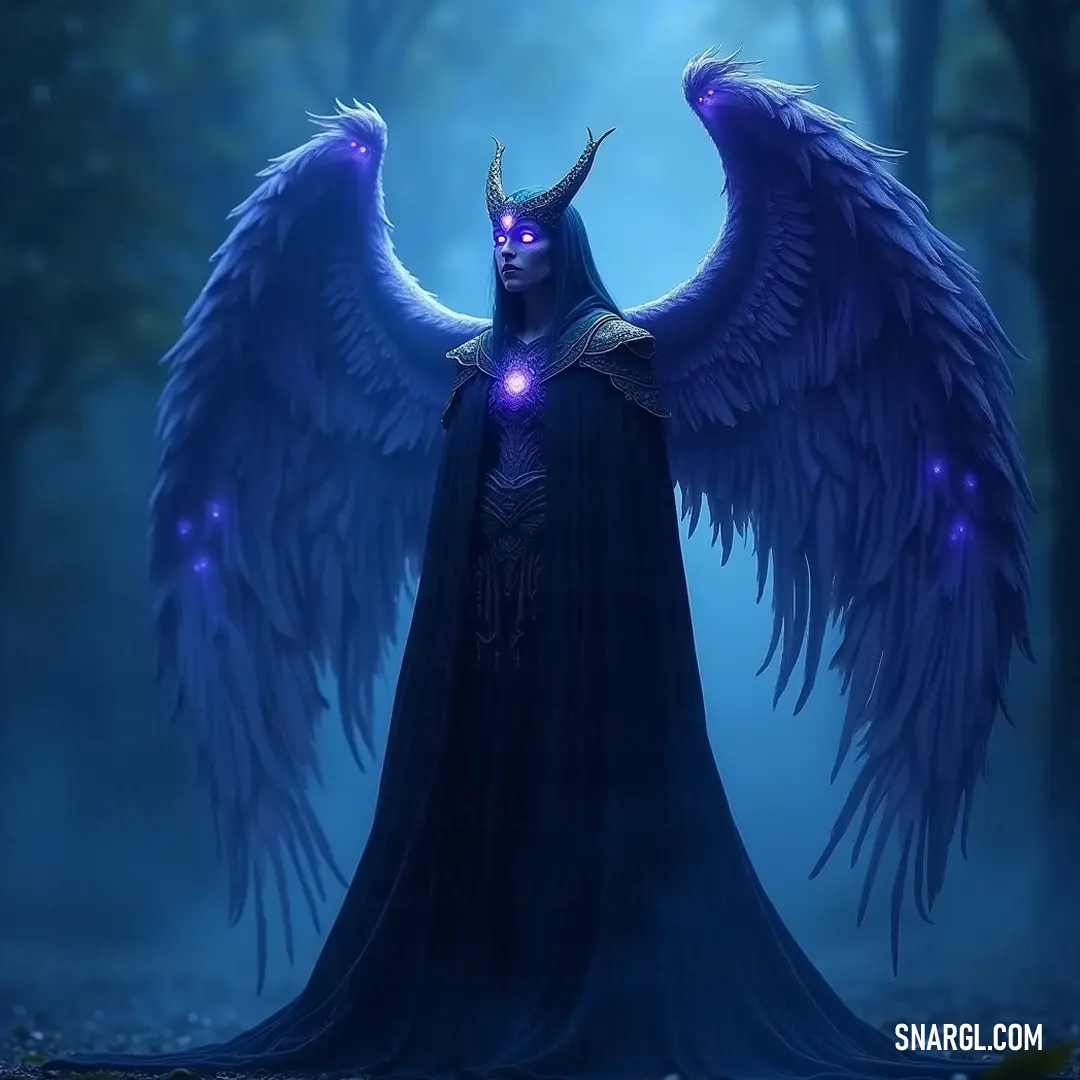 A celestial being with majestic wings and a glowing halo stands in a verdant forest, blending beautifully with vibrant leaves against a serene blue backdrop. A celestial figure with magnificent wings and a radiant halo stands in a lush forest, surrounded by vibrant trees and dazzling leaves. The serene blue background adds to the ethereal atmosphere, creating a beautiful sense of harmony with nature.