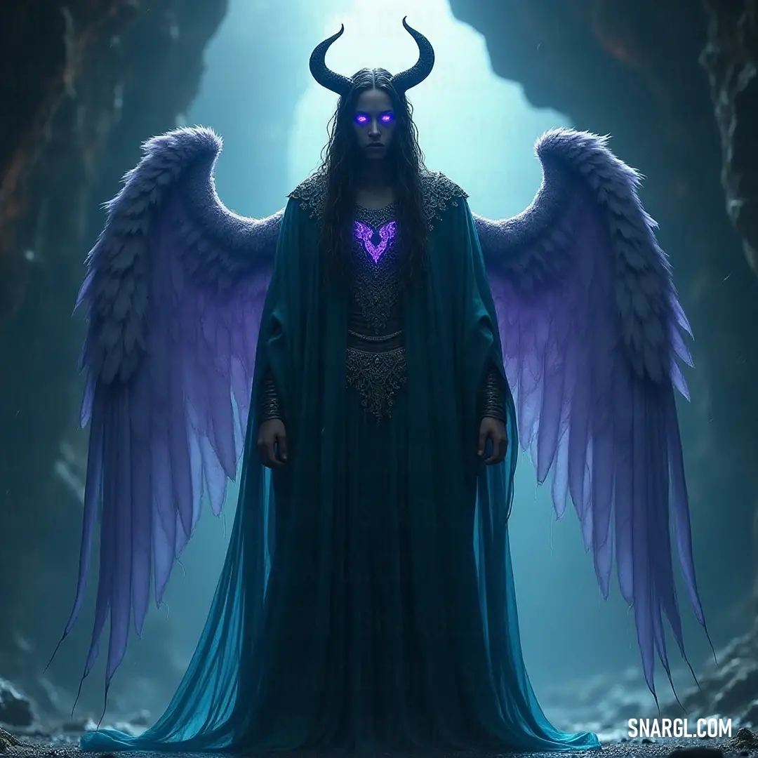 A captivating figure with horned features and magnificent wings stands in a shadowy cave, illuminated by a glowing purple heart that enhances her mystique. A striking figure with a horned head and powerful wings stands confidently in a dark cave, a glowing purple heart illuminating her chest. The interplay of light and shadow within the cave enhances her mysterious aura, drawing the viewer into her enigmatic