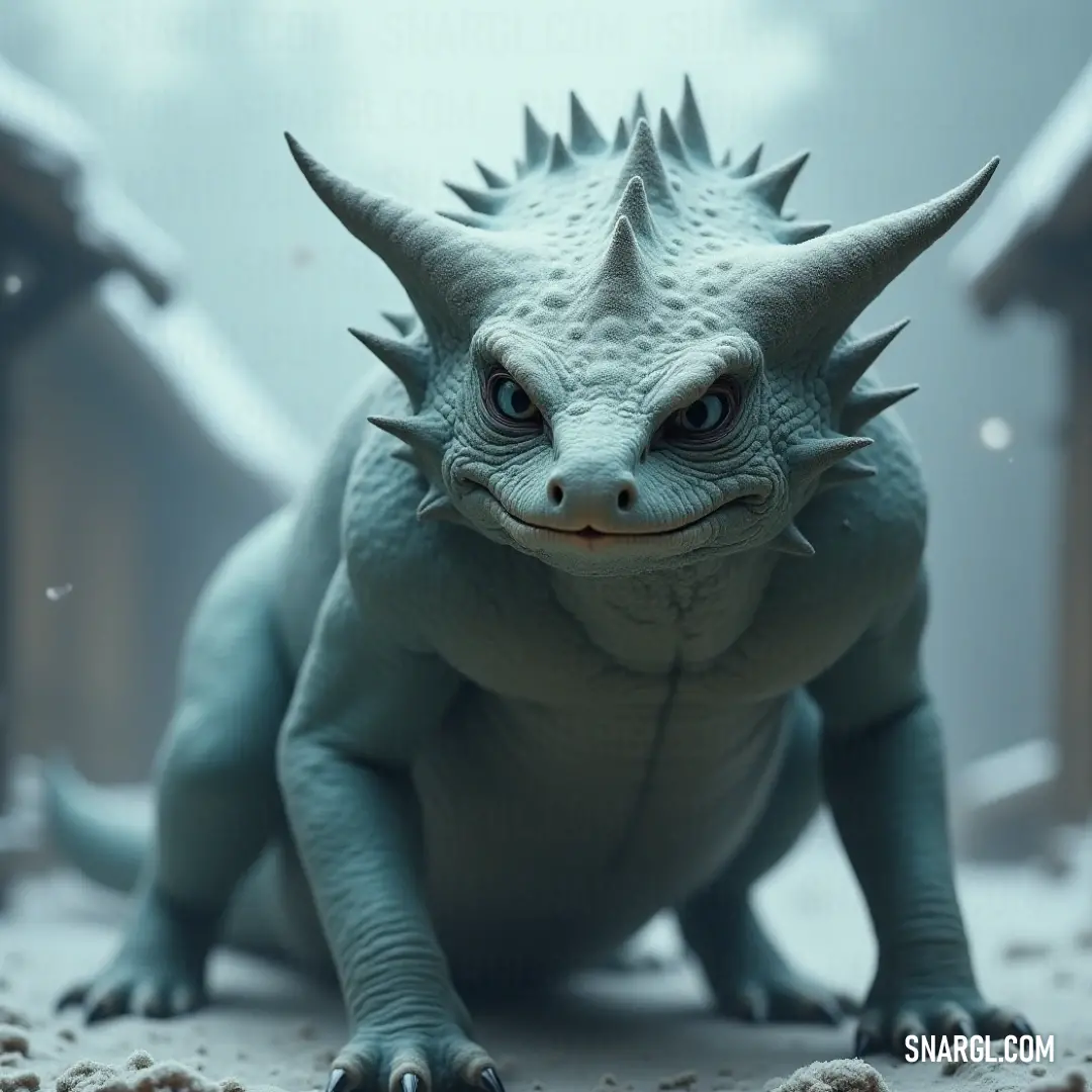 A Razor Basilisk toy sits in the snow, its sharp details emphasized by a soft blue light, while a house in the distance provides a warm contrast against the cold surroundings. A close-up of a Razor Basilisk toy resting on a snowy surface, the cool blue light highlighting its jagged features, with a cozy house softly glowing in the background.