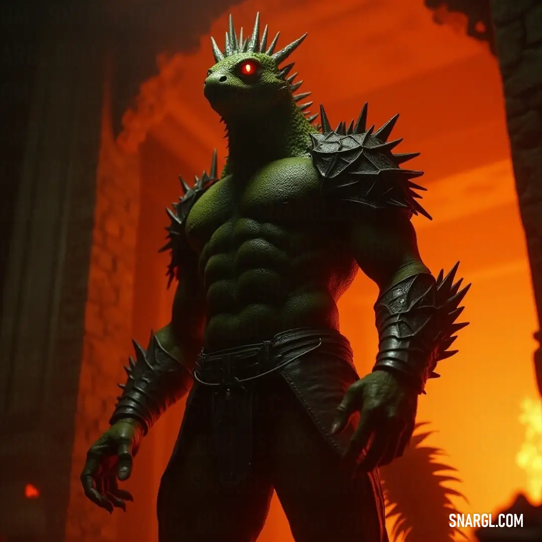 A menacing Razor Basilisk, adorned with spikes along its head and chest, stands tall in a darkened room. A red light from behind casts an ominous glow, enhancing the sinister vibe of the scene.