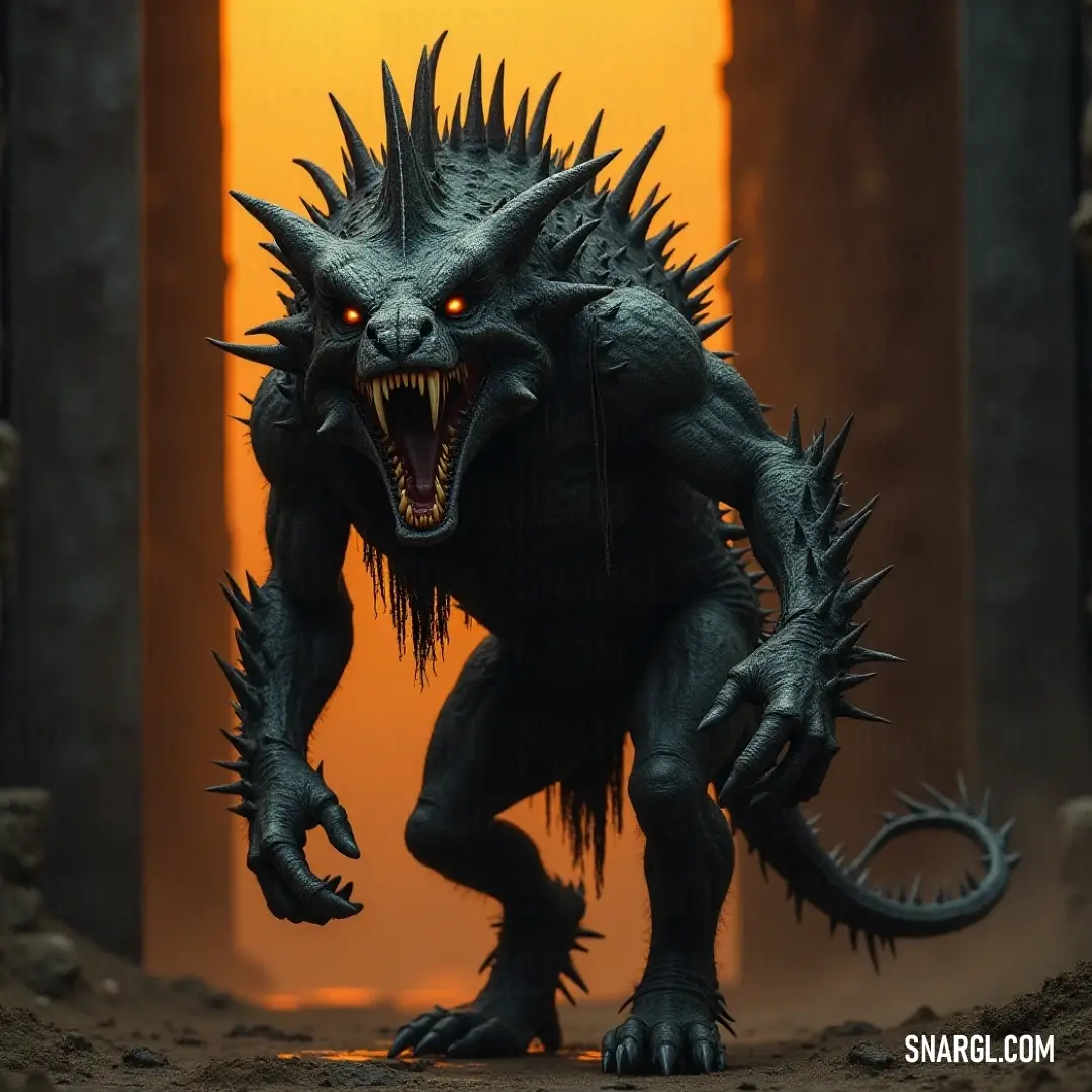 A fearsome Demonic Razorback Predator, adorned with menacing spikes and formidable claws, stands poised for action, showcasing its savage beauty and primal power in a dark, foreboding setting.