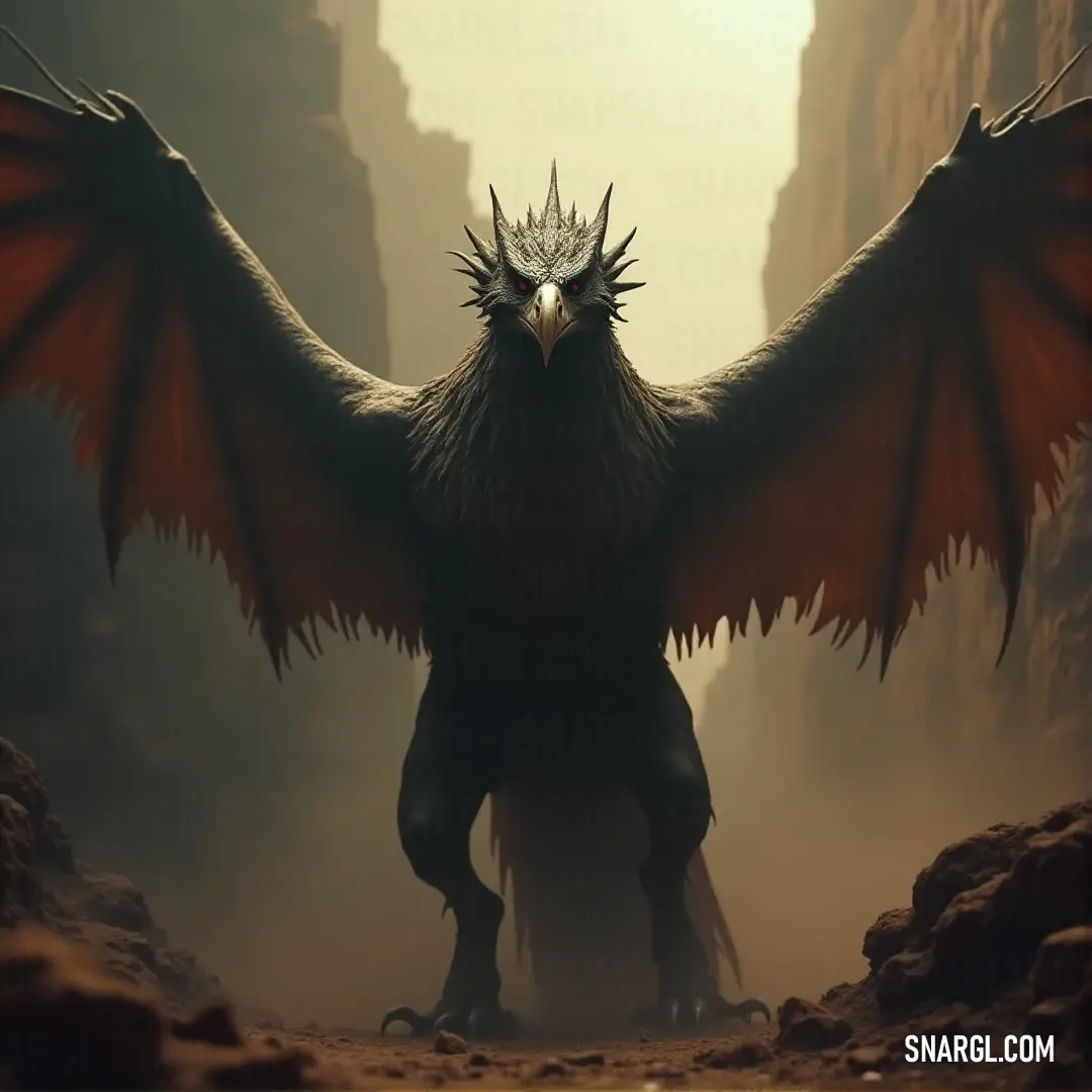 A majestic Razorbeak, crowned with golden hues, spreads its powerful wings across a vast desert landscape, its sharp beak cutting through the winds. Towering rocks and a distant mountain form a rugged backdrop beneath the wide desert sky.