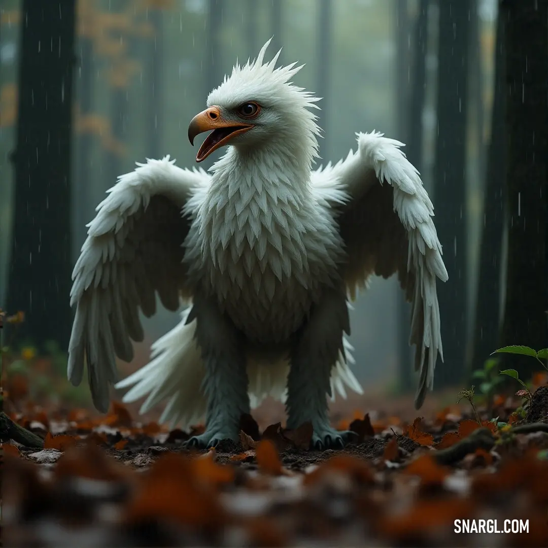 A White Razorbeak with a large beak and expansive wings stands in the woods, framed by trees and fallen leaves, creating a peaceful yet mighty presence in nature. A White Razorbeak with an imposing beak and outstretched wings stands in the woods, the fallen leaves beneath its feet and the trees around it creating a serene yet powerful atmosphere.