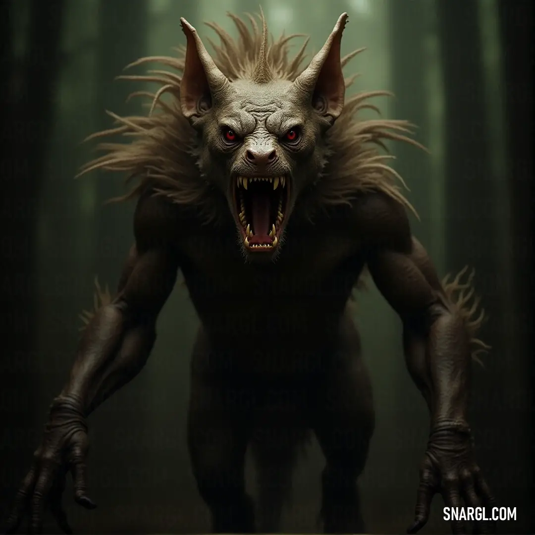 The Razorclaw Chupacabra, with its gaping mouth and unruly hair, stands in the forest, the light casting a menacing glow on its face, heightening its terrifying presence. A Razorclaw Chupacabra with a large, menacing mouth and wild hair stands in a dimly lit forest, a single light illuminating its face, creating a fierce and predatory presence.