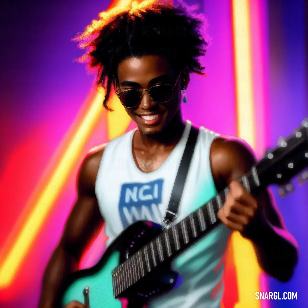 Man with a guitar in his hand and a neon background behind him