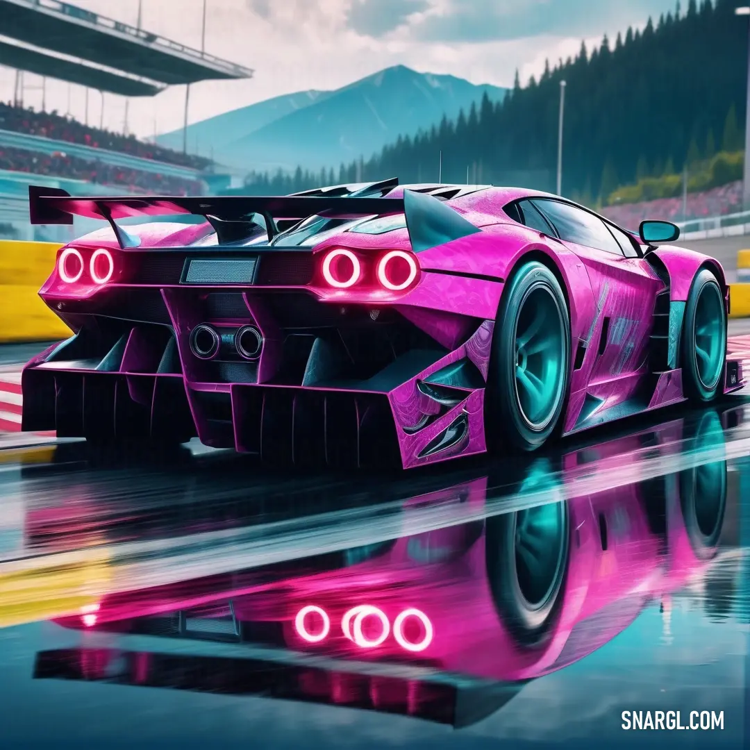 Pink car is driving on a wet track with mountains in the background. Example of CMYK 0,80,20,0 color.