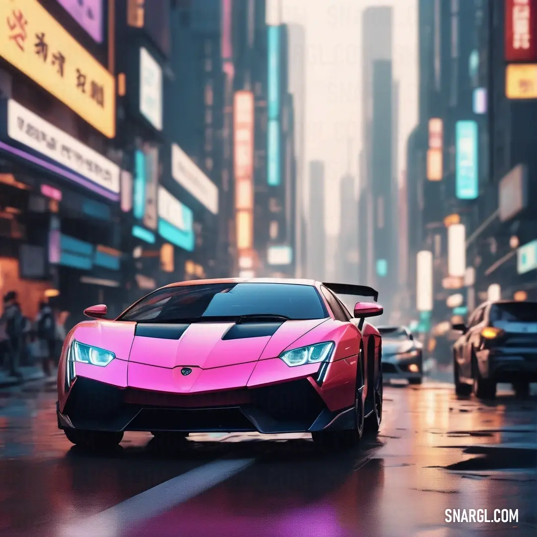 Pink lamb car driving down a city street in the rain with neon lights on it's sides. Example of #FF33CC color.