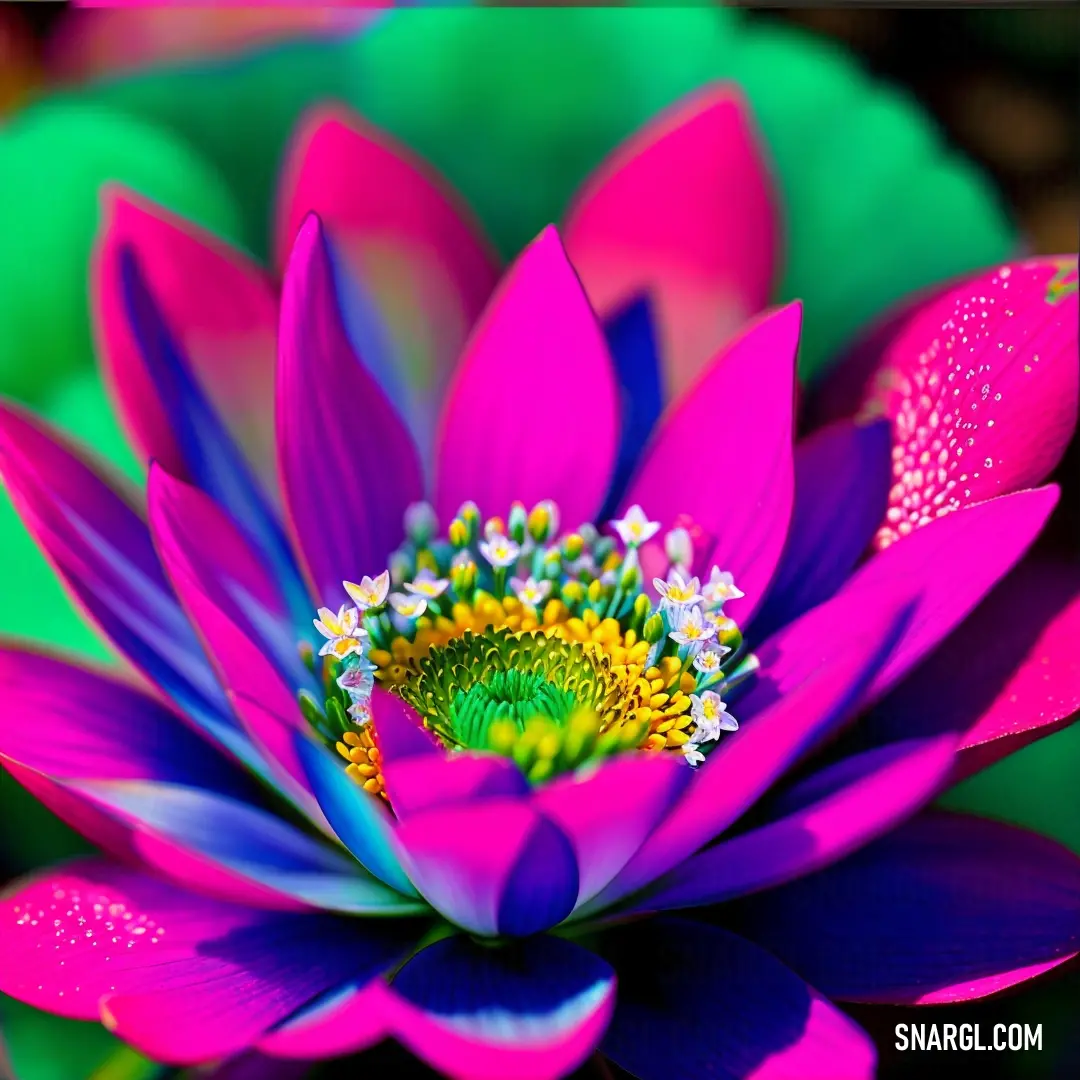 Purple flower with a green center surrounded by water lilies and other flowers in the background