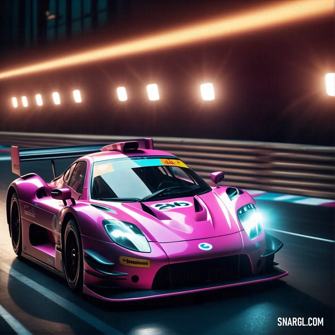 Razzle dazzle rose color example: Pink sports car driving down a race track at night with bright lights on the side of the road