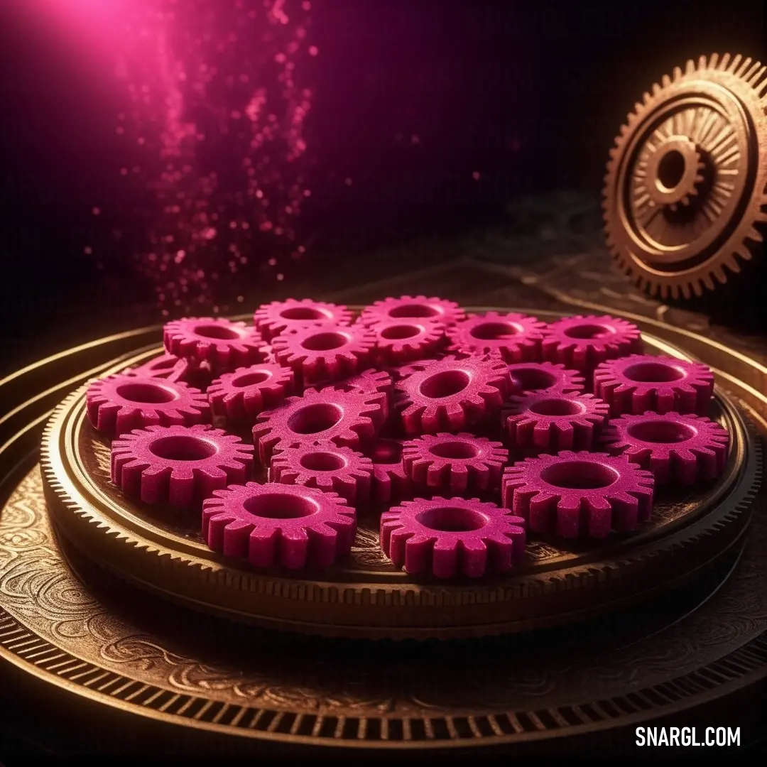 Razzmatazz color. Plate of pink cookies on a table with a clock in the background