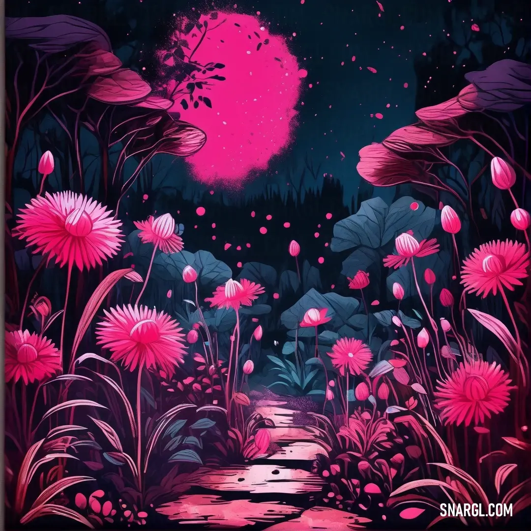 Painting of a path leading to a pink moonlit forest with flowers and a stream in the foreground. Color CMYK 0,84,53,11.