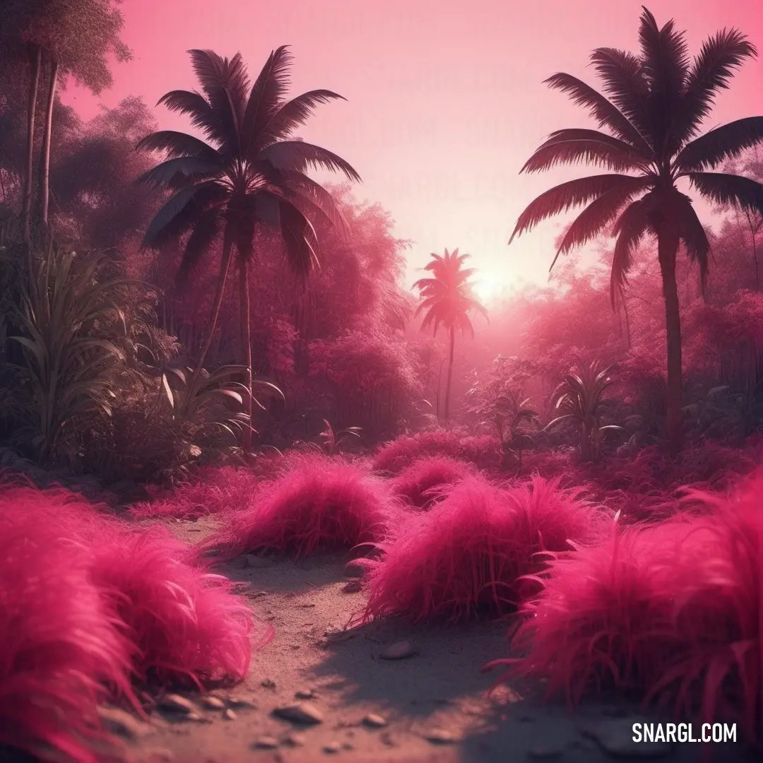 Razzmatazz color. Pink landscape with palm trees and pink grass in the foreground