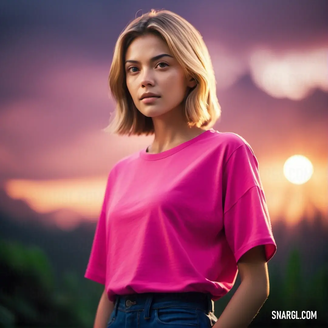 Woman in a pink shirt is standing in front of a sunset and clouds with her hands on her hips. Example of CMYK 0,84,53,11 color.