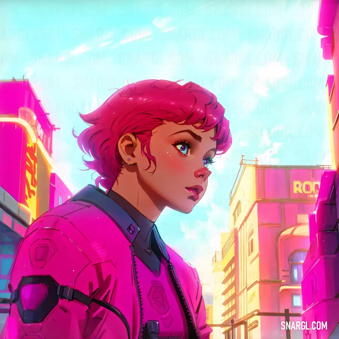 Young man with pink hair and a pink suit stands in front of a cityscape with buildings