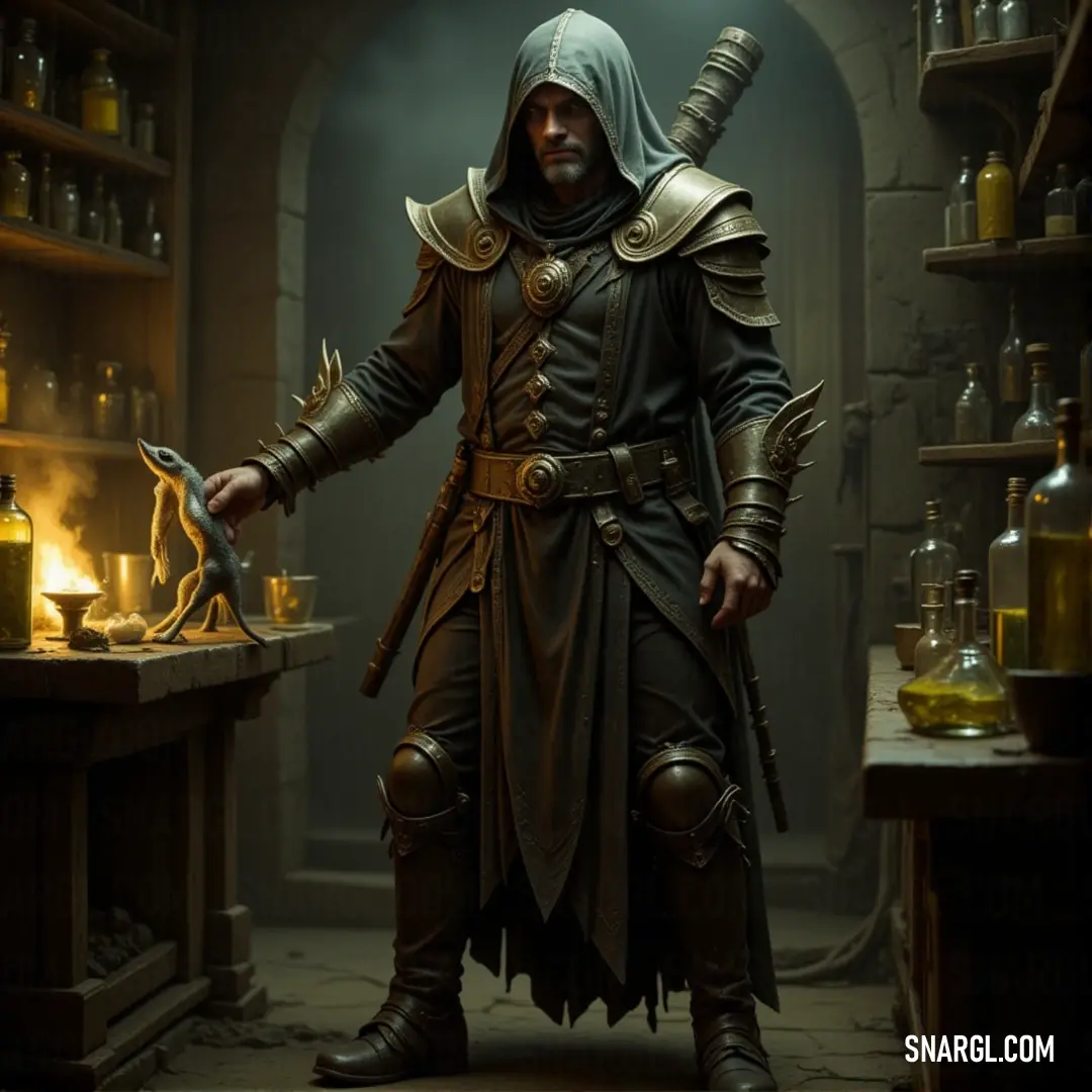 Reaper Mage in a medieval room, holding a knife and a potion bottle, surrounded by shelves of mysterious bottles, ready for an ominous ritual. A powerful Reaper Mage in a dark medieval outfit stands in a dimly lit room filled with shelves of mysterious bottles. He holds a gleaming knife in one hand and a potion-filled bottle in the other, his expression intent as he prepares for a dark ritual.
