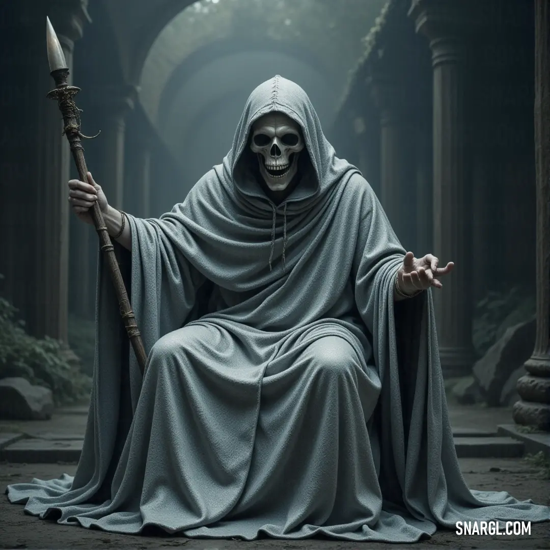 Seated in his ancient throne, the reaper grips his scythe tightly, the embodiment of inevitable fate. Surrounded by fog, he watches over all with an unsettling stillness. A lone reaper, seated in a grand, ancient chair, holds a scythe in one hand, his gaze unyielding. The atmosphere is heavy with an ominous calm as fog swirls around him, signaling the arrival of doom.