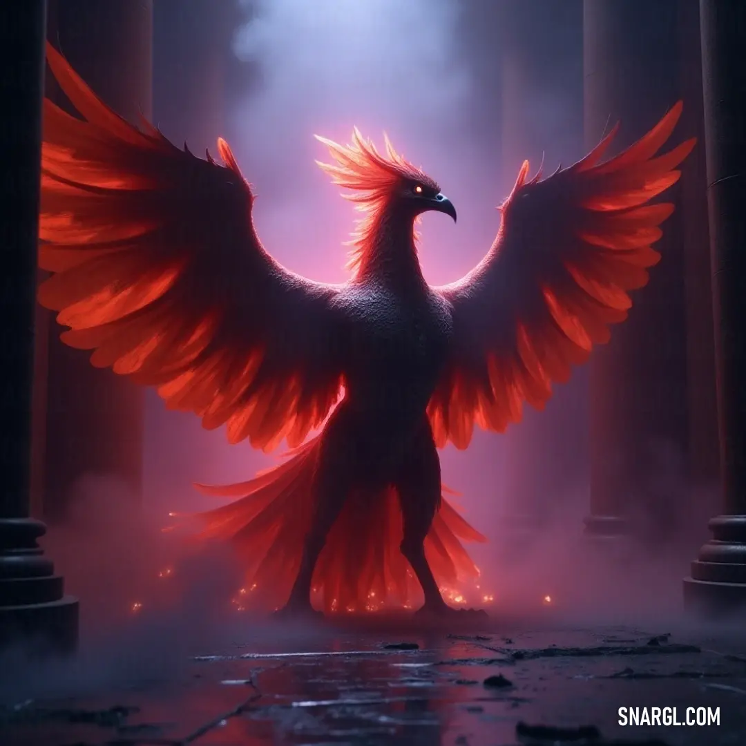 A red-feathered bird stands amidst towering columns and pillars in an elegant, timeless room, exuding grace and strength. A resplendent bird, with brilliant red feathers, stands proudly within an ornate room, surrounded by grand columns and pillars. The backdrop suggests an ancient yet timeless aura, where strength and elegance converge in a beautiful display of form and col