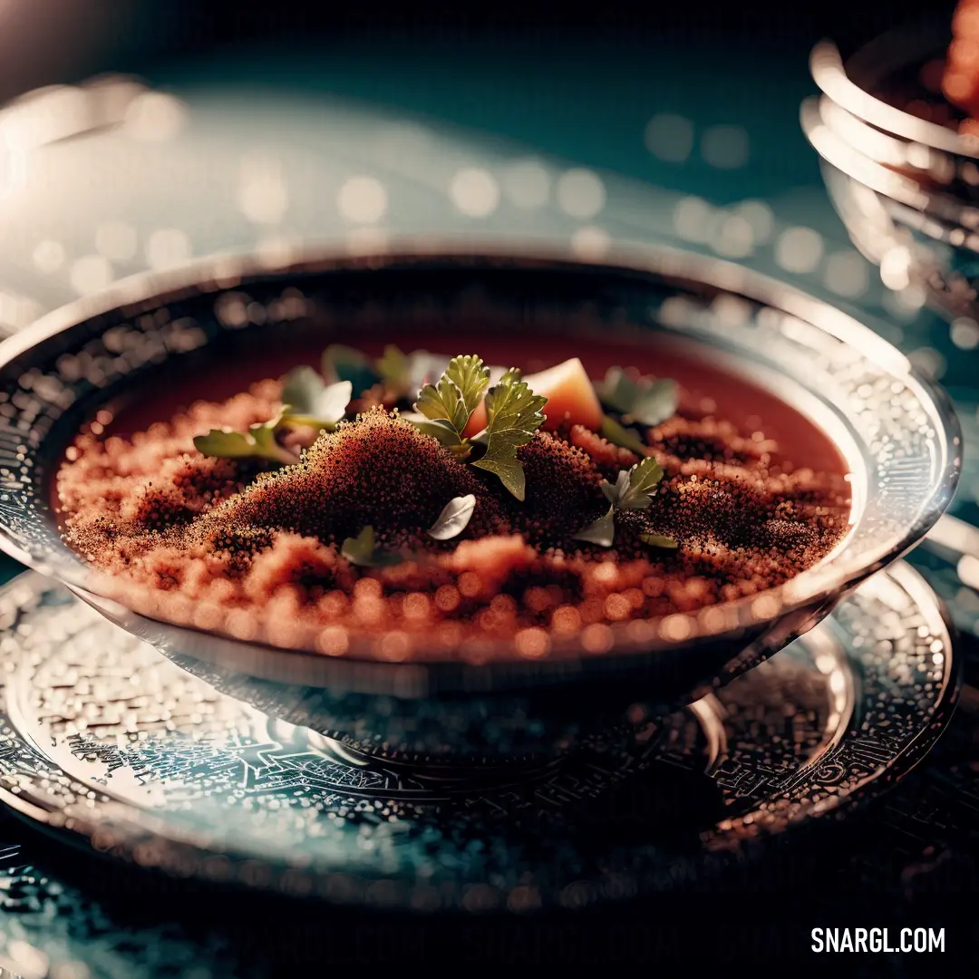 A bowl of delicious food topped with fresh, vibrant strawberries sits on a plate next to other dishes. The warm, rich red-brown tones of the food blend harmoniously with the inviting, cozy setting.