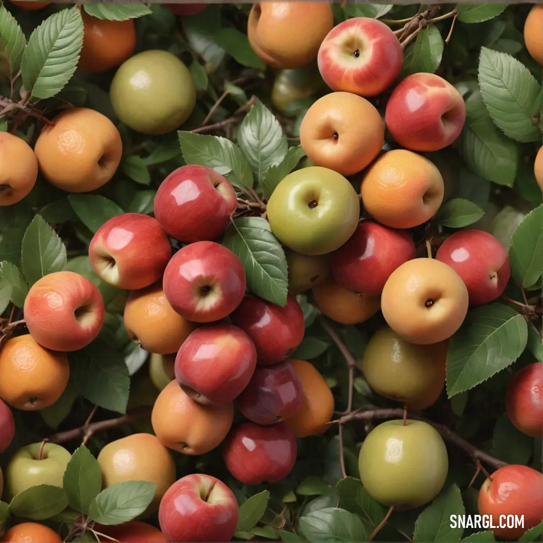 A picturesque branch adorned with a cluster of ripe apples intermingled with lush green leaves, radiating warmth and the rustic charm of nature's harvest against a tranquil backdrop.