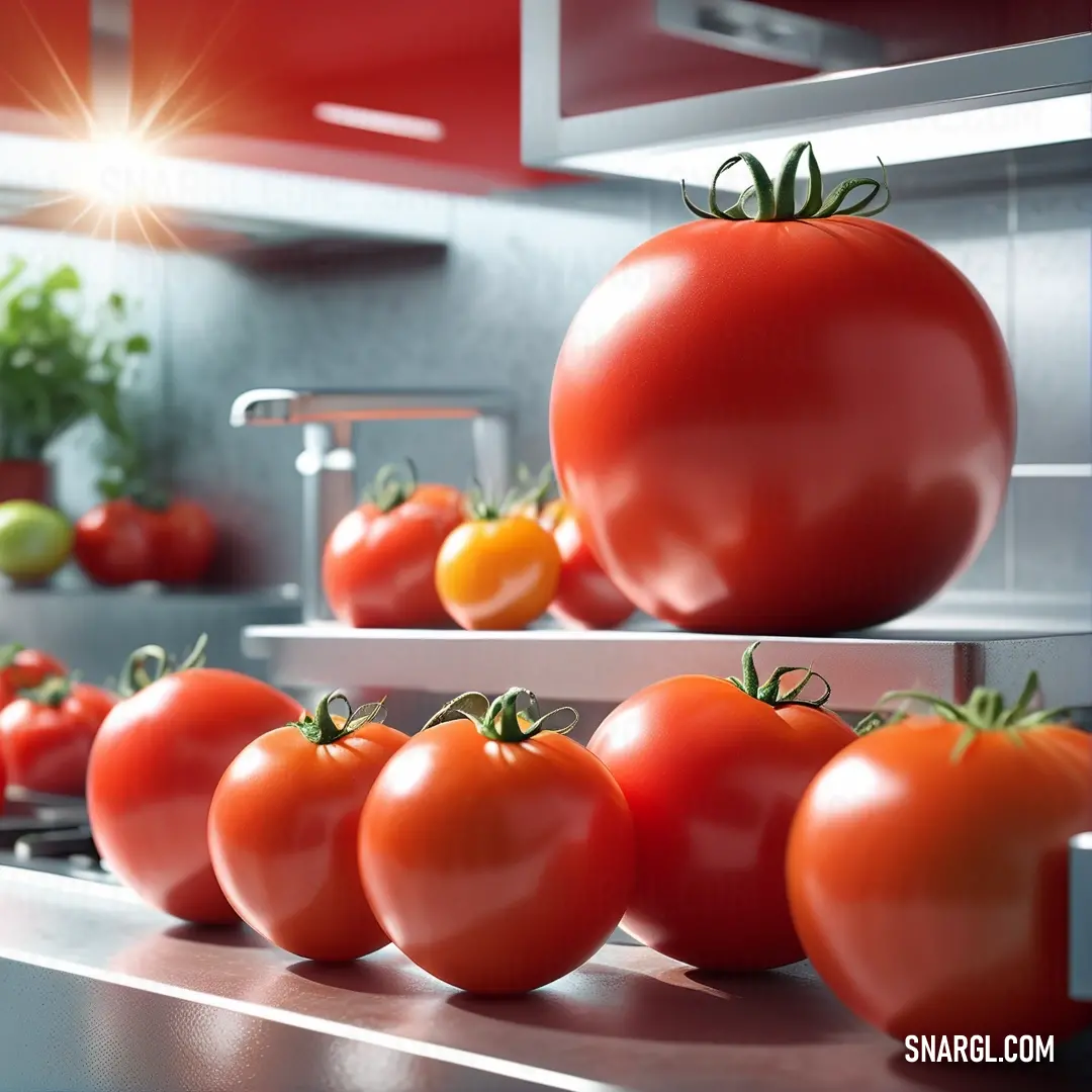 A rustic kitchen shelf adorned with a vibrant bunch of tomatoes, sunlight streaming in and illuminating their vivid colors, creating a warm and inviting culinary atmosphere.