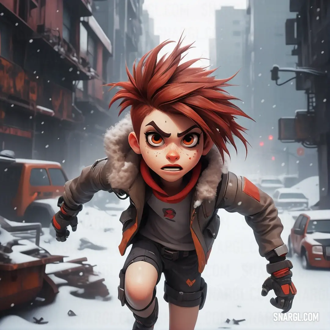 Character in a video game with red hair and a jacket on running through a snowy city street. Color Red brown.
