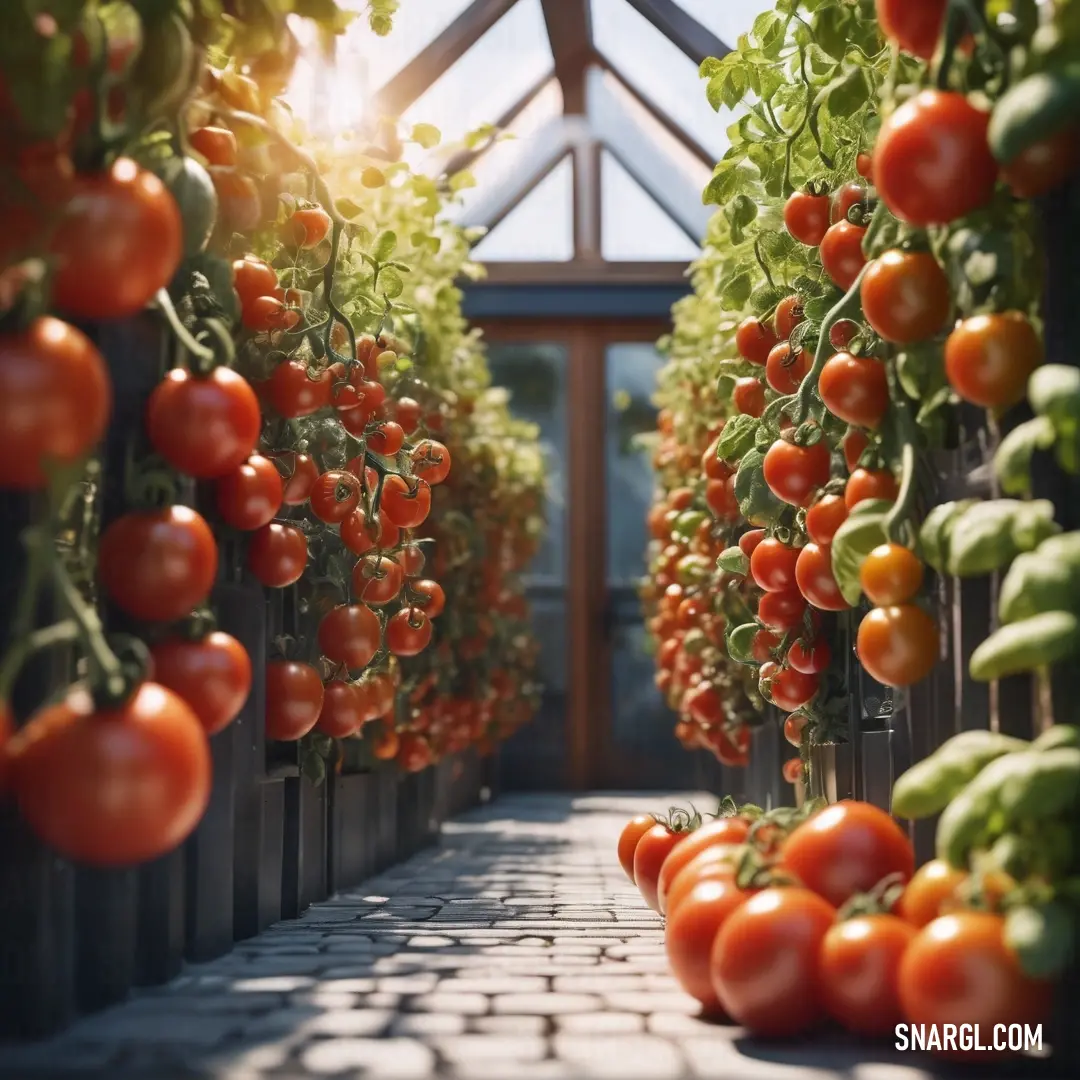 A vibrant greenhouse bursting with lush, ripe tomato plants intertwined with their green leaves, featuring a charming pathway guiding visitors to the inviting glass door that lets in the sunlight for perfect growth.