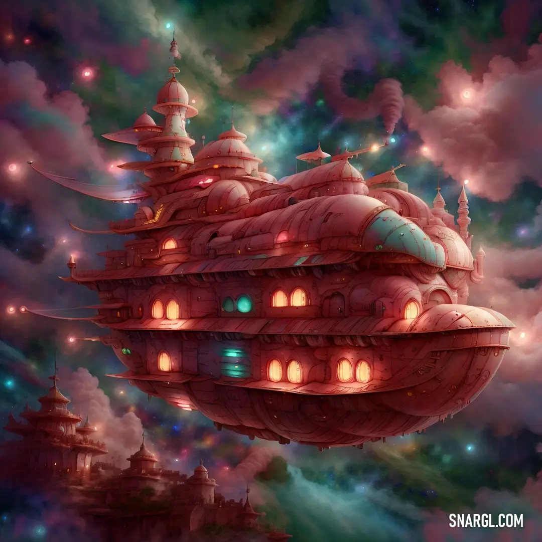 Large red building floating in the air surrounded by clouds and stars in the sky