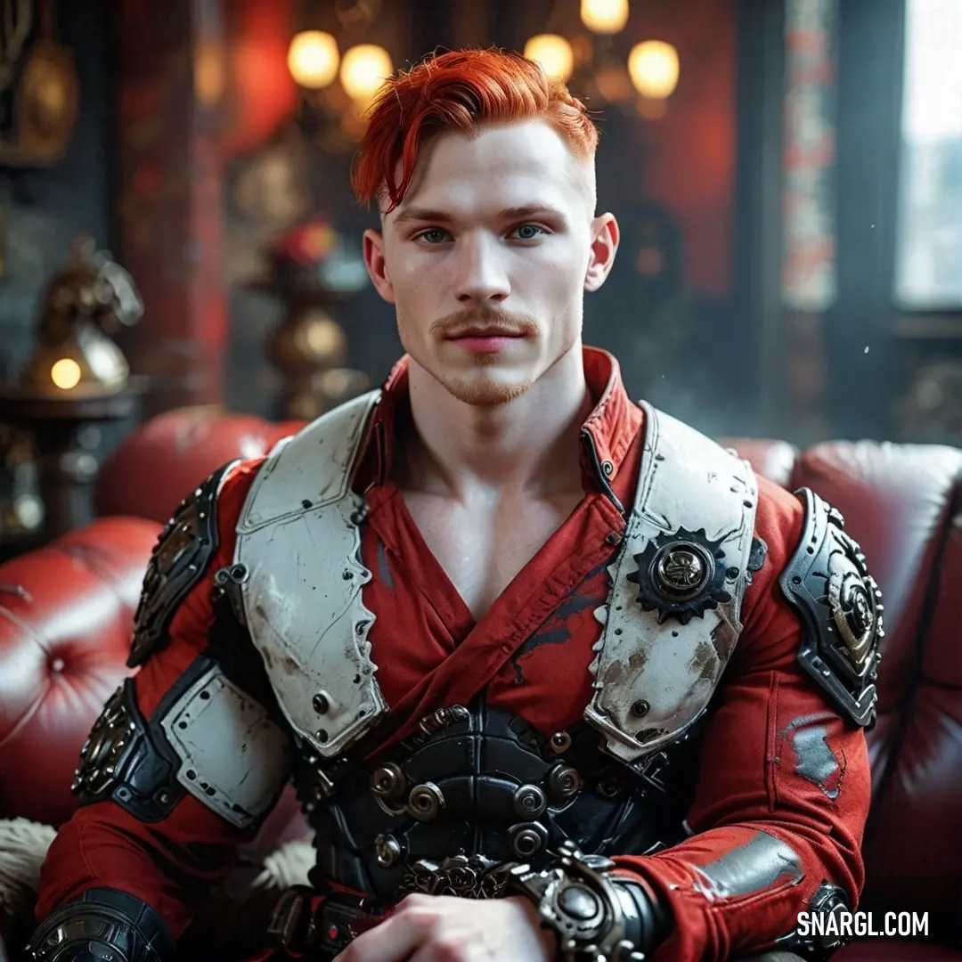 A confident man wearing a striking red shirt and intricately detailed armor sits on a bold red chair, with his hands placed confidently on his hips. His posture exudes authority, set against a color scheme that blends deep tones and a hint of intensity.