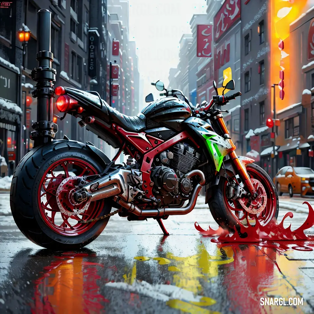 Motorcycle parked on a city street in the rain with red flames coming out of the front tire