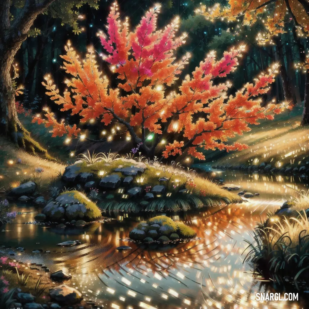 A painting of a tree stands under a warm red-brown sky, with lights twinkling in the background. The gentle glow from the lights creates a peaceful atmosphere, inviting calm reflection in this natural setting.