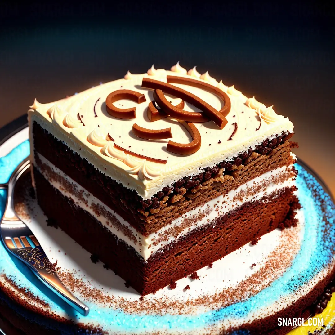 A tempting slice of cake lies on a plate, accompanied by a fork and knife. The deep blue surroundings provide a beautiful contrast to the rich layers of the cake.