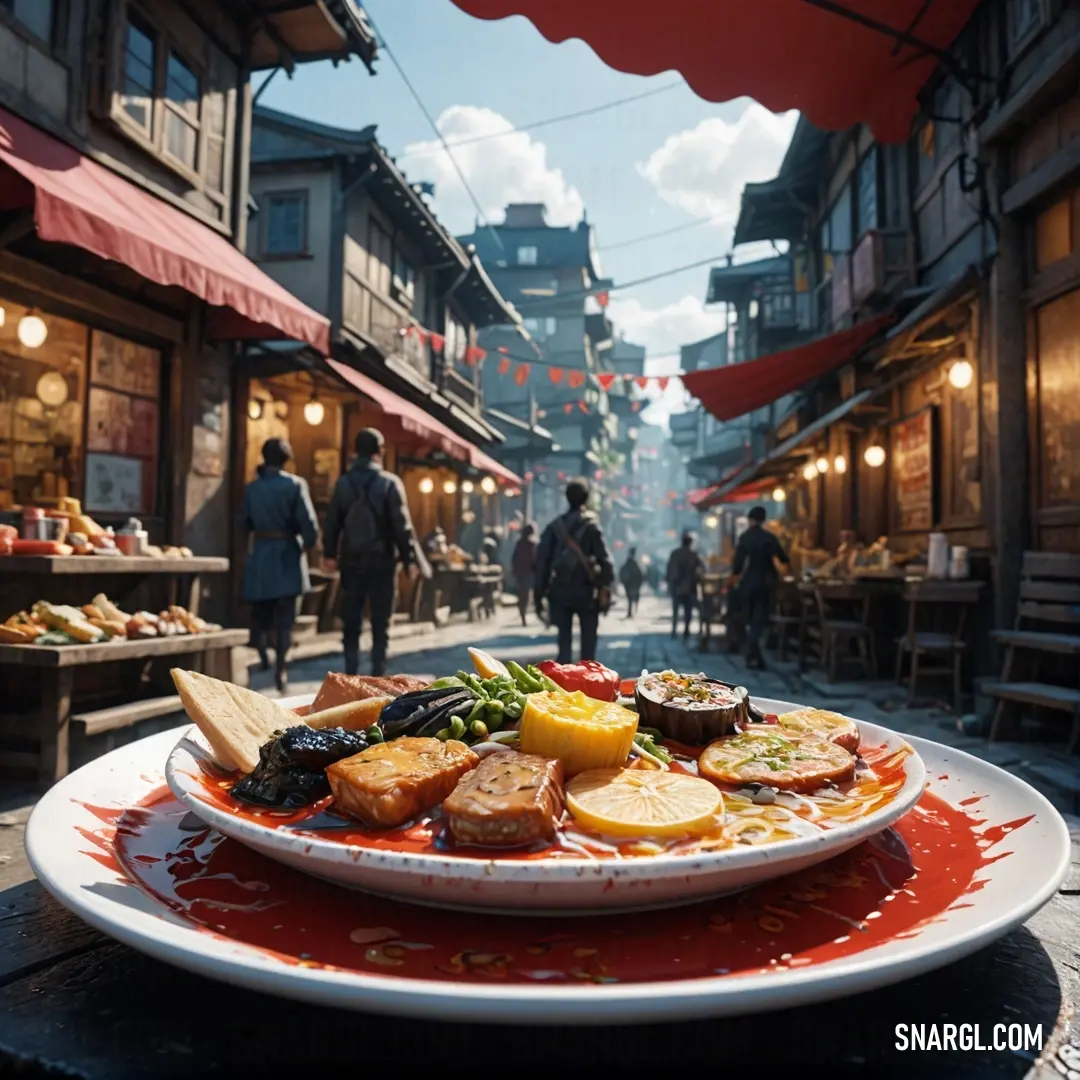 A bustling street market showcasing a plate of delicious food atop a table, framed by lively shoppers and a striking red awning, embodying the rich culture of street dining.