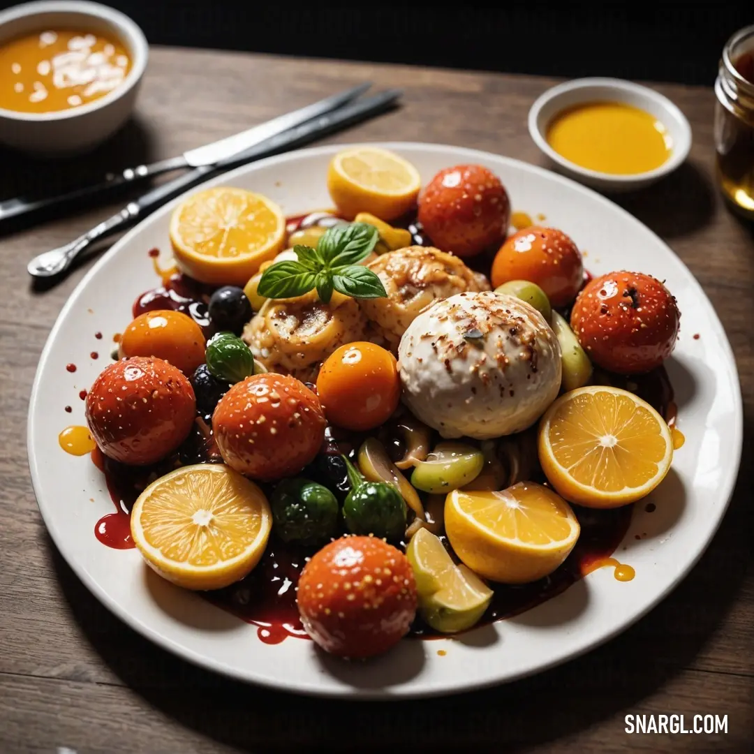 A charming red-brown plate brimming with fresh oranges and lemons, their bright colors vibrantly contrasting with the rustic plate, inviting you to savor their juicy goodness.