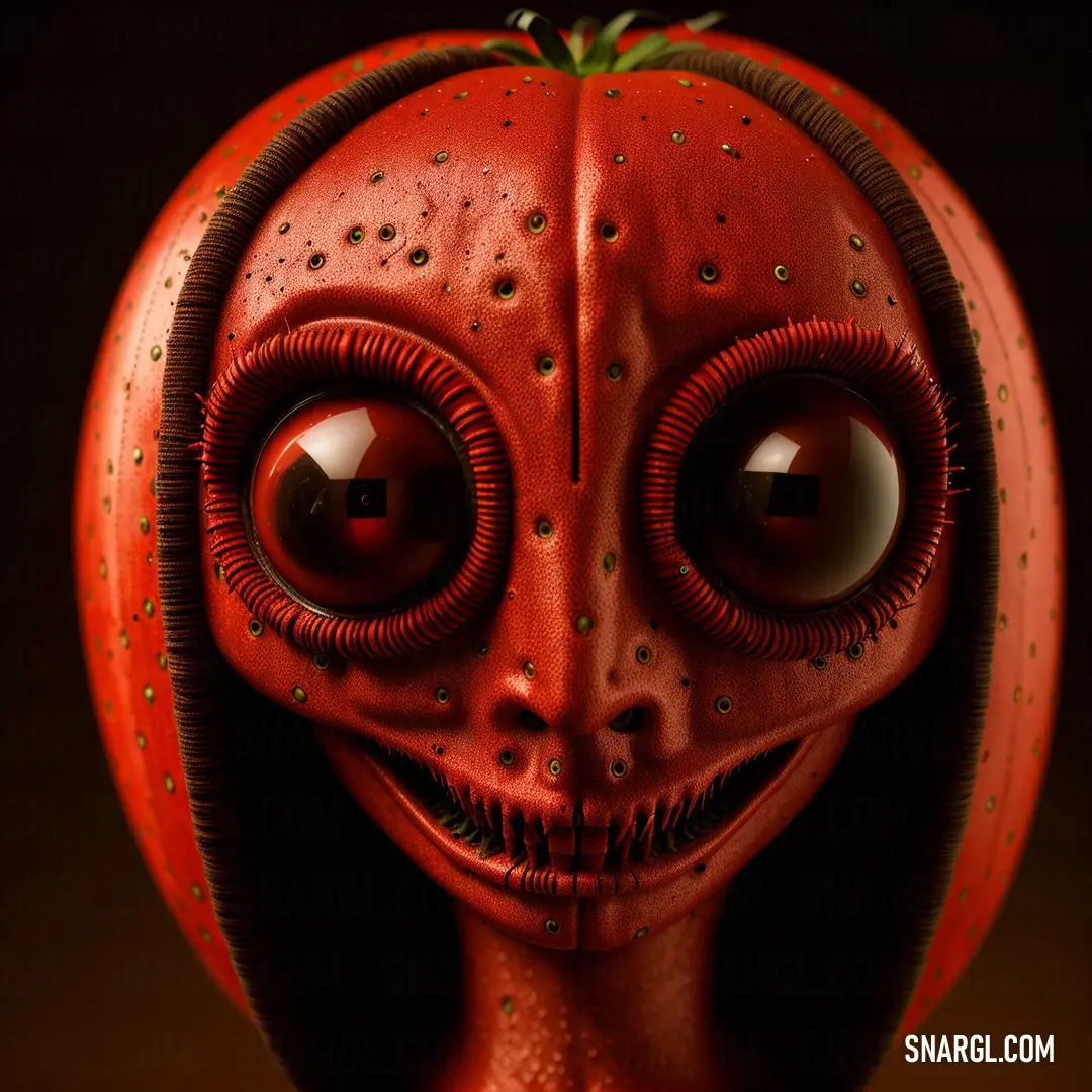 Red alien with big eyes and a nose with a green leaf on it's head and a black background